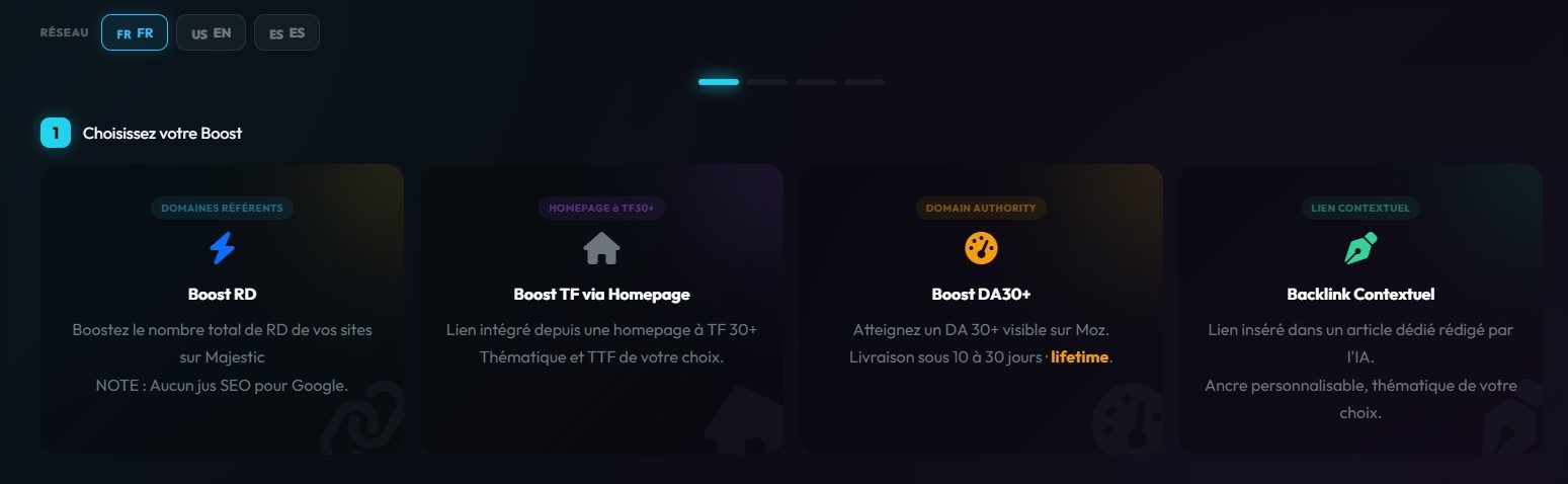 Capture MetricsBooster du choix entre Boost RD, Boost TF HomePage, Boost DA30+ et backlink contextuel